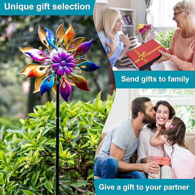 360° Wind Spinners Outdoor with Solar Lights Colored Petals Garden Decor Yard Lawn Art Decor for Patio Kinetic Flower Windmills Unique Gifts for Friends and Family 60.63'' H x 13.38'' Dia