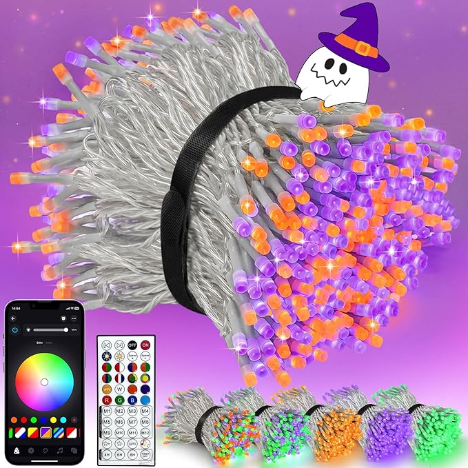 Smart LED Halloween String Lights with Remote & App 132FT 400LED, Waterproof RGB Dimmable Clear Wire Christmas Lights, Color Changing Christmas Tree Light Outdoor Indoor with Timer for Halloween Decor