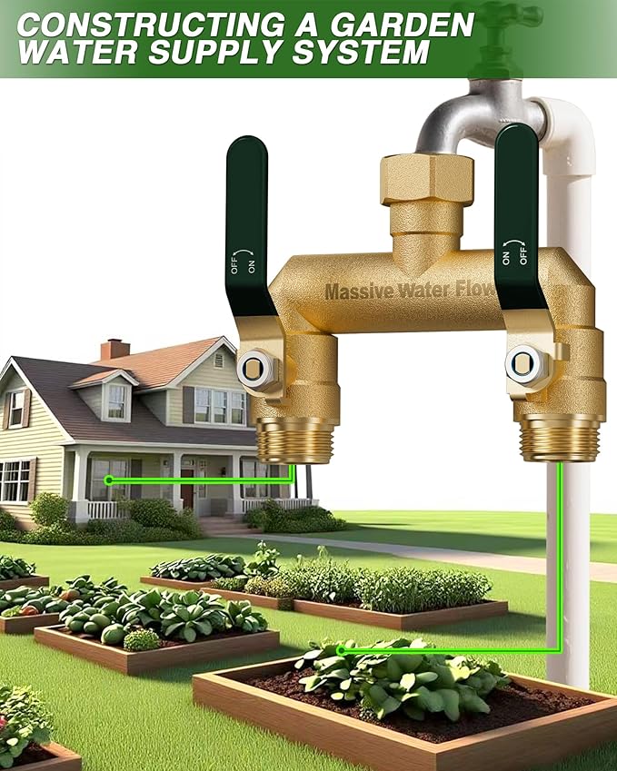Hose Splitter 2 Way Heavy Duty, Full Flow Garden Hose Splitter with 2 Long Metal Handles, Brass Rust and Freeze Resistant Water Hose Bib Splitter, T Adapter Connector with 3/4 - Inch GHT Thread(Green)
