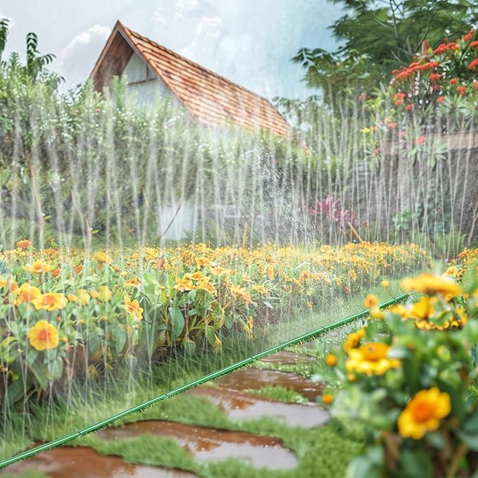 25ft Sprinkler Soaker Hose - Kink-free, Save Water, Flexible - Heavy Duty Three Tube Flat Watering Hose for Garden Yard Lawn Irrigation, With 10 Stakes