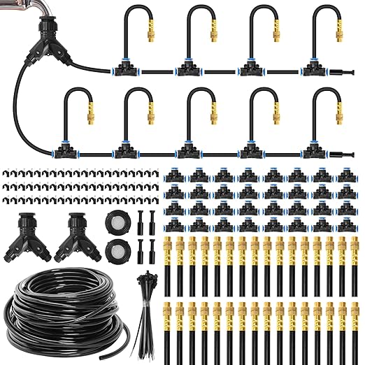 Mixc 200Ft 1/4" Drip Irrigation System,2025-Upgrade Garden Irrigation Kit with 32pcs Adjustable Copper Nozzles,Automatic Atomizing Watering System for Outdoor Plants,Raised Bed,Yard,Potted Plant,Lawn