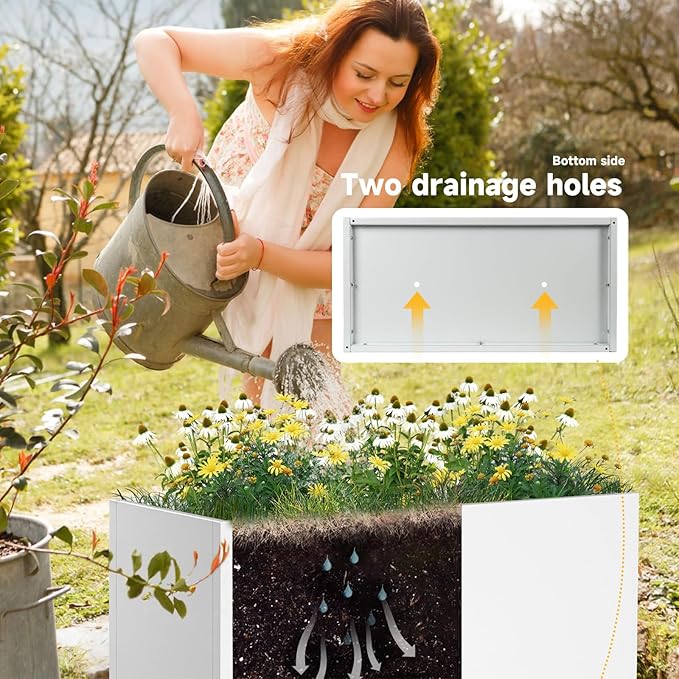 Galvanized Steel Garden Planter 36” x 12” x 16” White Metal Planter Box Modern Metallic Heavy Planter Indoor & Outdoor, Commercial & Residential (White, L36 x W12 x D16)