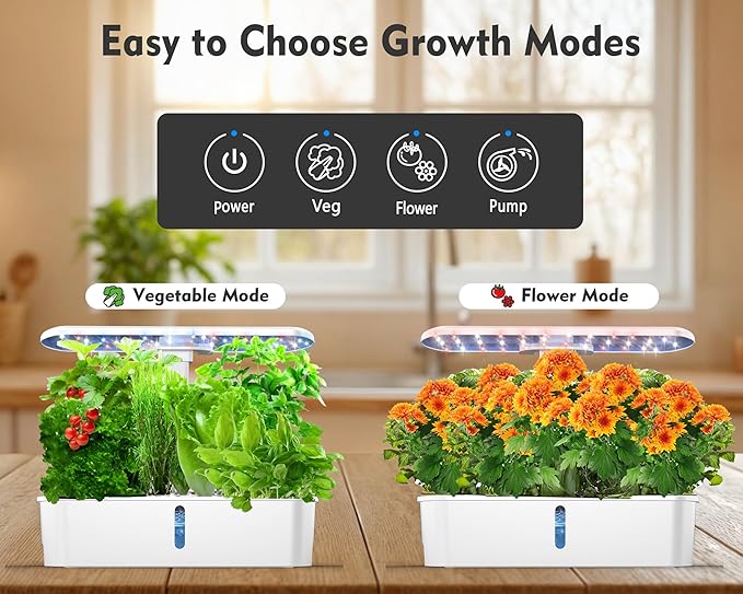 Hydroponics Growing System Kit 12 Pods, Hydroponic Herb Garden Kit Indoor with 24W LED Grow Light, Smart Indoor Garden, Height Adjustable, Auto Timer, Quiet Pump, Gardening Gifts for Mom Women, White