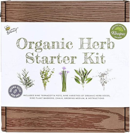 BUZZY Seeds 9 Pot Terracotta Grow Kit Organic Herb Seed Starter Set for Indoor Planting | Includes Seeds, Planting Pots, Soil and Plant Markers, Easy Gardening Gift, Kids Project, Gifts for Teachers