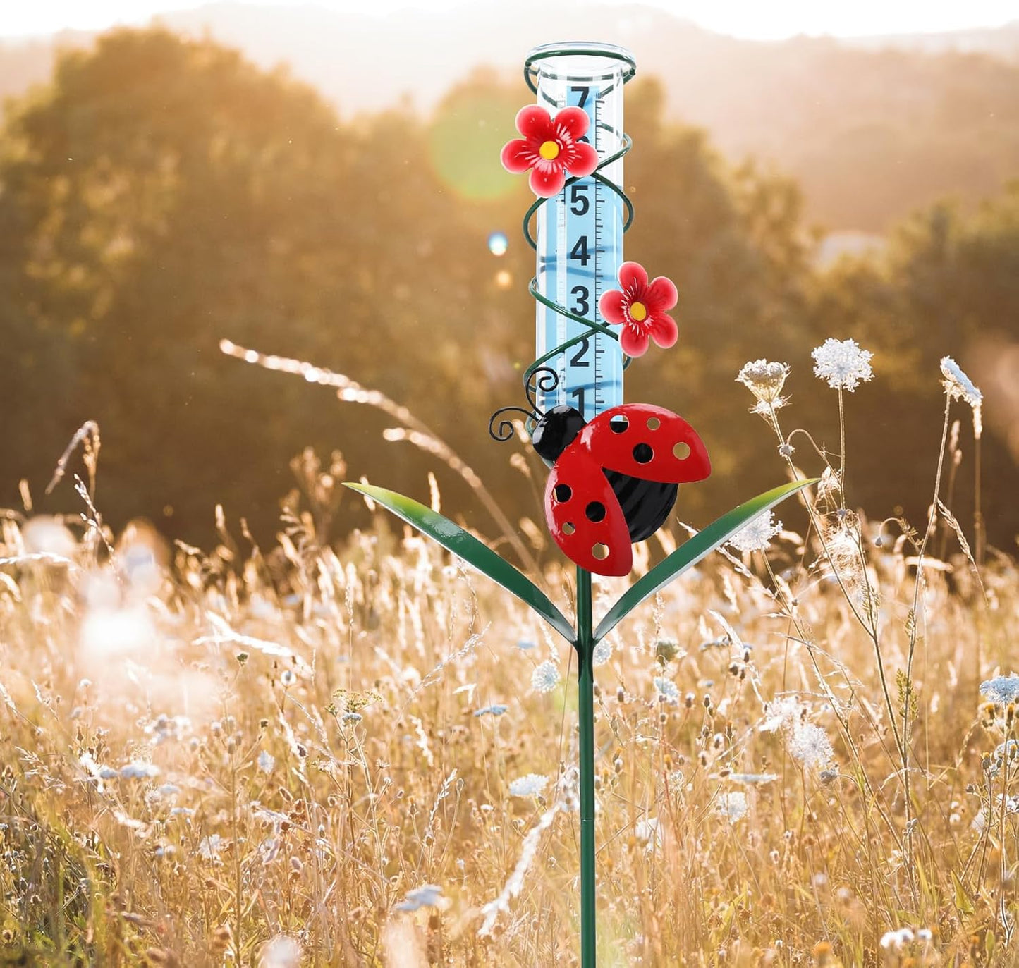 MUMTOP Rain Gauge Outdoor Freeze Proof, 35 Inch Large Number Easy Read Water Measure Gauge for Lawn, Yard and Garden(Ladybug)