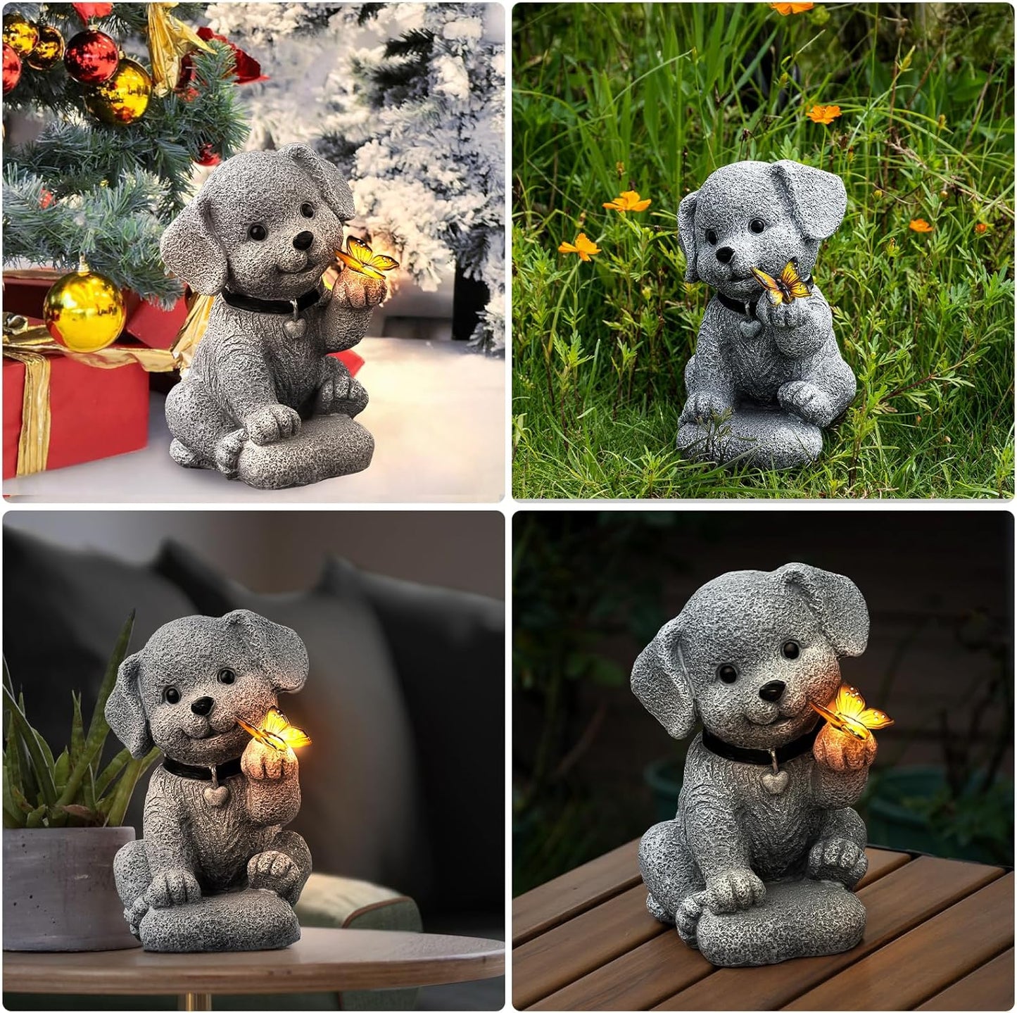 Solar Garden Statue Outdoor Decor,Dog Figurine with LED Lights,Birthdays Mother’s Day Housewarming Gift for Women, Mom, Grandma,Garden Gifts,Home Decoration with Butterfly