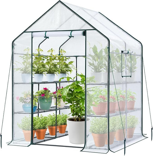 Ohuhu Greenhouse for Outdoors: 3 Tiers 12 Shelves Walk-in Indoor Green House Heavy Duty Plant Stands Reinforced Plastic PE Cover Mini Portable Warm House for Outside, 4.8x2.5x6.4 FT
