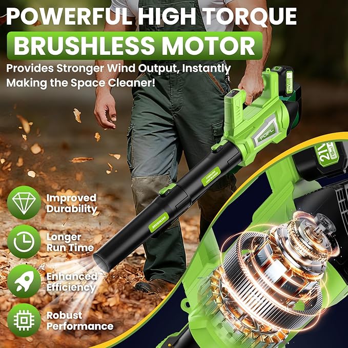 Leaf Blower Cordless, 21V Brushless Powerful Electric Leaf Blower with 2x4.0Ah Batteries and Fast Charger,6-Speed Modes,Shoulder Strap, Lightweight Leaf Blowers for Lawn Care,Blowing Leaves,Dust, Snow