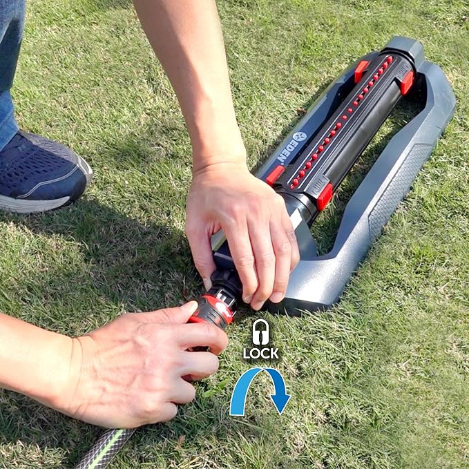 Eden 94094 Turbo Oscillating Sprinkler, Covers Up to 4,000 sq. ft., 18 Precision Nozzles, Adjustable Range and Width Tabs, Flow Control, Weighted Base, Quick Connect Starter Set