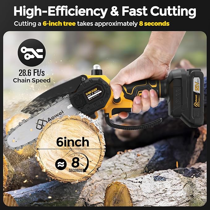 Mini Chainsaw Cordless, 6 inch Electric Chain Saw with 2 Pack 2.0Ah Rechargeable Batteries, Battery Powered Handheld Saw for Trees Trimming Wood Cutting, Perfect Gardening Tools,Gift for Men Dad Women