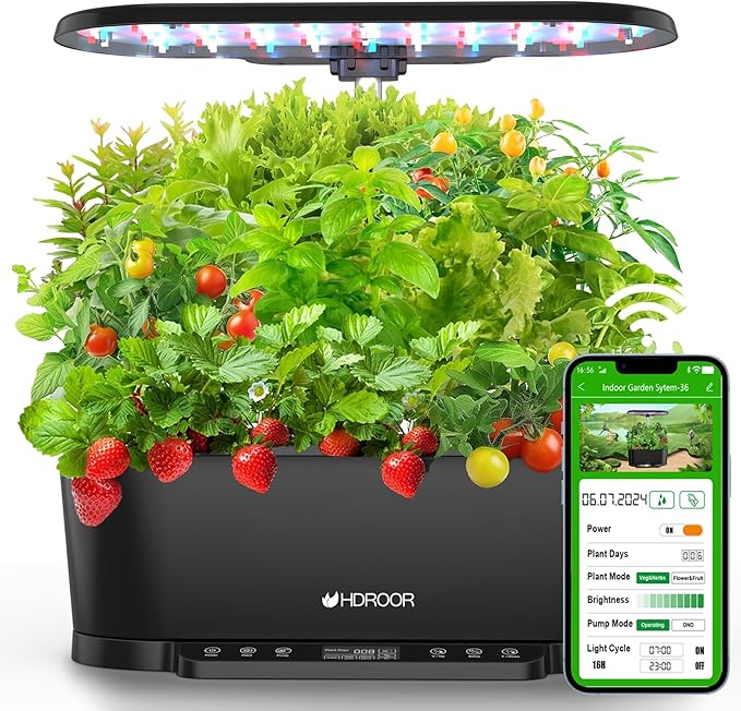 Hydroponics Growing System Kit APP Controlled, 15 Pods Indoor Herb Garden Hydroponic 36W Grow Light, Smart Indoor Garden, Height Adjustable to 30", Auto Timer, Quiet Pump, Water Shortage Alarm, Black