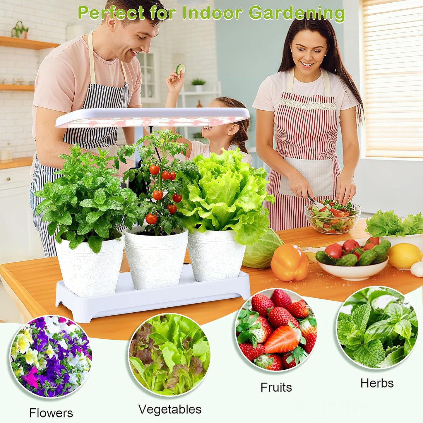 Indoor Garden Led Grow Light, Herb Kitchen Garden Grow Kit, Full Spectrum LED Plant Light for Plants, Height Adjustable Growing Lamp with Intelligent Controller (Not Pots) (White, 16.5*6.5*4 inch)