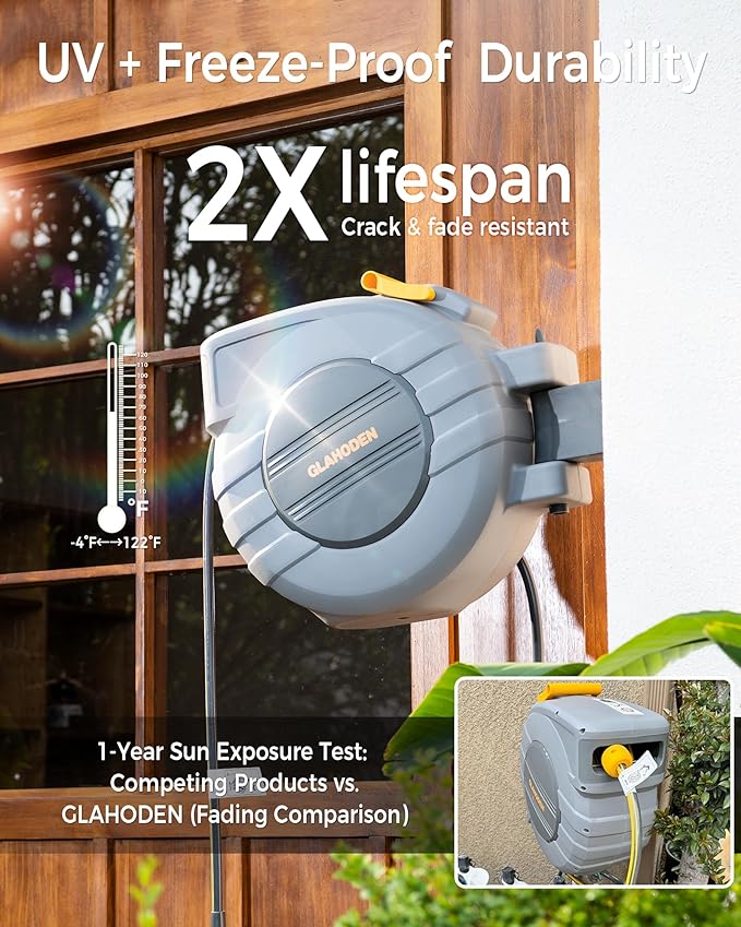 GLAHODEN Retractable Garden Hose Reel 5/8 in x 65 ft, 2025 Upgraded Dual Ratchet Lock UV & Freeze Protection Brass Seal Slow Retraction Anti-Tangle Hose 180°Swivel Reinforced Scaffold Wall Mount