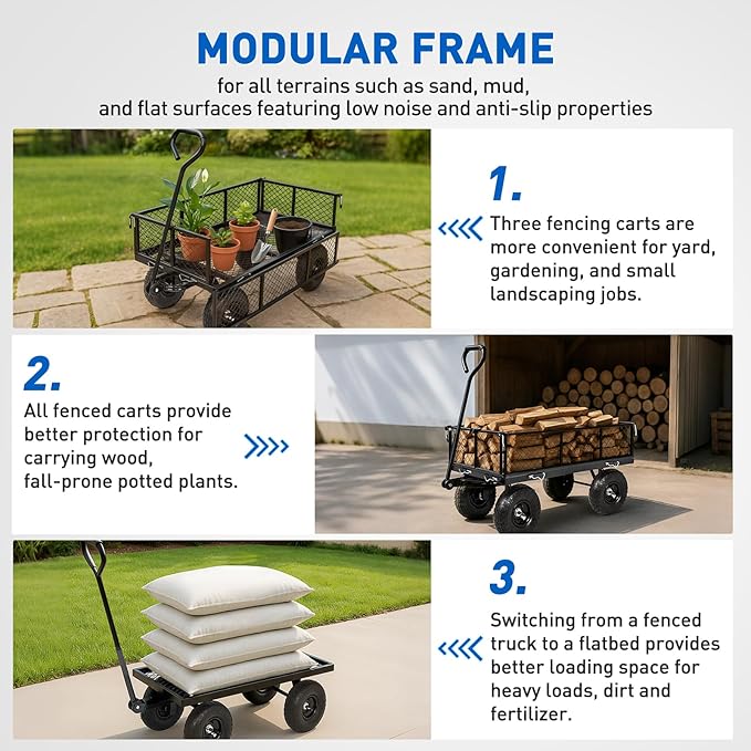 Yesker Steel Garden Carts - 800lbs Dump Wagon with All Terrain Inflatable Wheels for Yard Lawn Farms Gardening - Heavy Duty Utility Outdoor Hauling Wheelbarrow