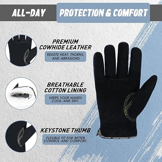 HLDD HANDLANDY 2 Pairs Leather Work Gloves for Men & Women – Cowhide Gardening Gloves, Thorn Proof, Cotton Lined, for Tig/Mig Welding, Construction, Chainsaw, Farm, Landscaping