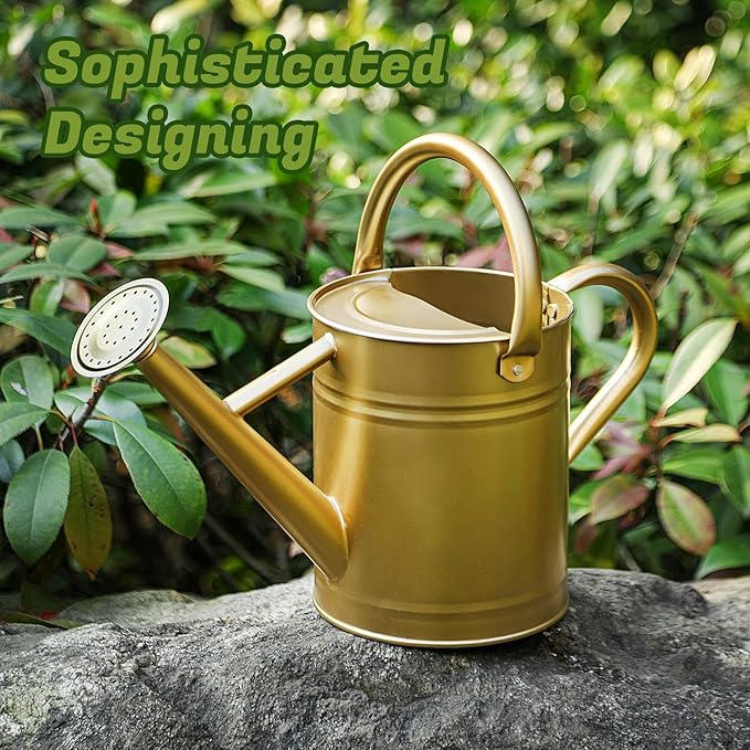 1 Gallon Watering Can for Plants, Watering Cans for Indoor&Outdoor Gardening, Galvanized Steel Watering Pot with Removable Spout, Metal Water Can with Ergonomic Movable Handle(Gold)