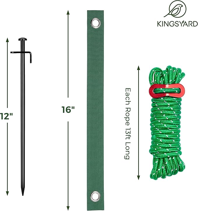 Kingsyard Heavy Duty Tree Stake Kit, 6 Pcs 12 Inch Steel Tree Stakes and Supports for Leaning Young Trees Straightening Kit Against Bad Weather, with 6Pcs Straps & 6Pcs 13ft Anchor Ropes