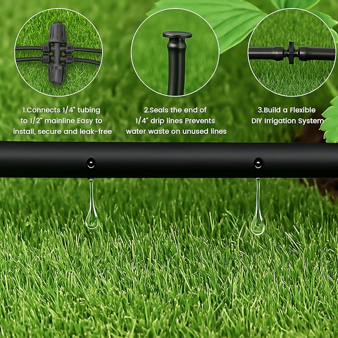 MIXC 1/4" Irrigation Dripline Tubing (100 Ft Roll) with 6" Emitter Spacing - 1/4" Drip Irrigation Fittings Included (Black)