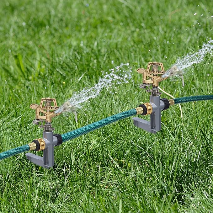 Biswing 2 Pack Impact Sprinkler Head on Metal Step Spike, Heavy Duty Zinc Alloy Lawn Sprinkler, Adjustable Coverage Nozzle on Sturdy Spike Base, 360 Degree Large Area Irrigation