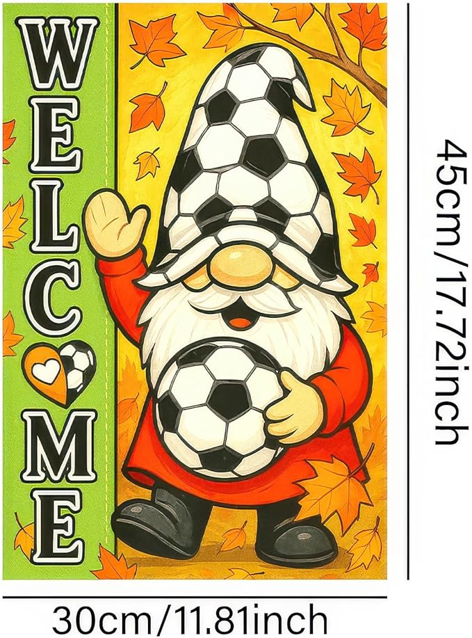 Thanksgiving Fall Garden Flag 12x18 Inch Welcome Gnome Flag Double Sided Outdoor Autumn Yard Banner Soccer Ball and Leaves for Porch Lawn Patio Seasonal Decor