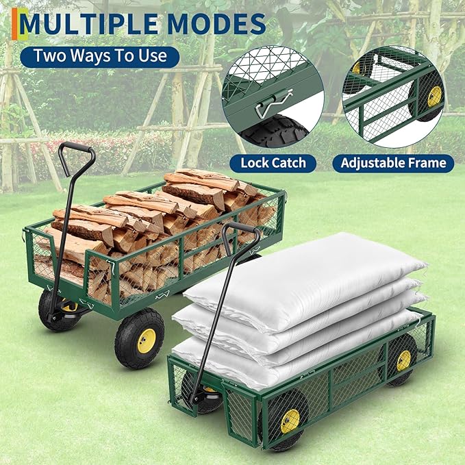 GarveeLife 900 LBS Garden Cart with Removable Mesh Sides, Heavy Duty Steel Garden Wagon with Adjustable Handles & 10 in Pneumatic Tires, Utility Wagon for Lawn Camping Farm Yard, Green+Black