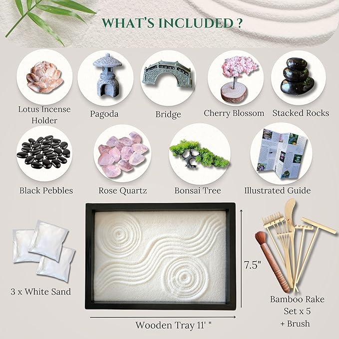 Zen Garden for Desk โ Mini Japanese Rock Garden with Crystals, Bonsai Tree & Sand Tools, 11x7.5in Stress Relief Desk Decor, Meditation & Relaxation Gift Set (Black)