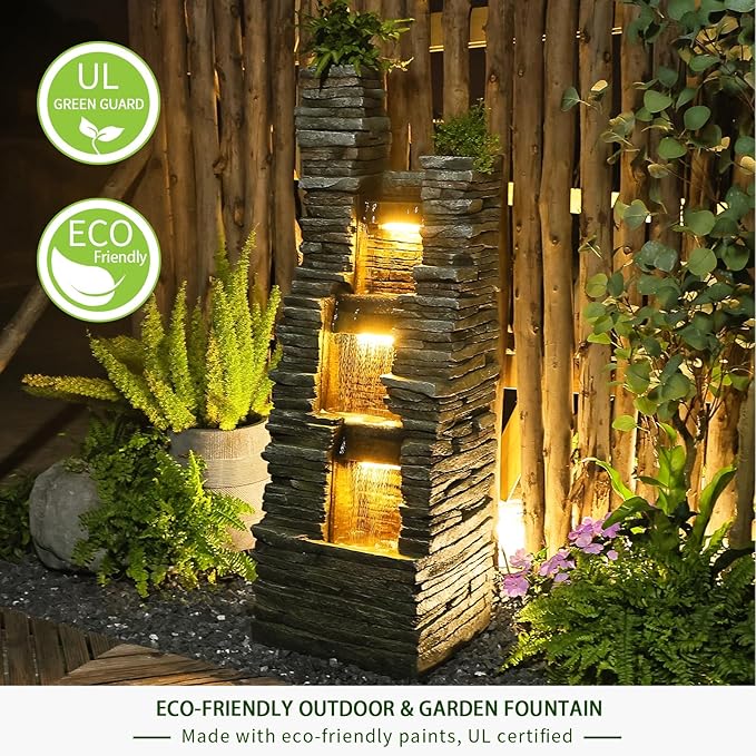 47 in High Water Fountain Outdoor Garden 3 Tier Cascading Large Outdoor Fountains and Waterfalls with LED Lights for Garden, Patio, Backyard, Deck, Porch and Home Art Decor, Natural Stones