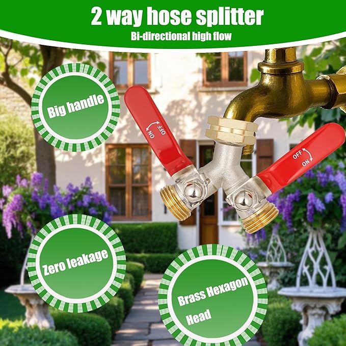 EJW Hose Splitter 2 Way, Heavy Duty Brass Garden Hose Splitter, Garden Hose Y-Valve Splitter, Full Flow Hose Splitter Connector, 3/4 Inch GHT Thread,Garden Hose Adapter 2 Way. longhand