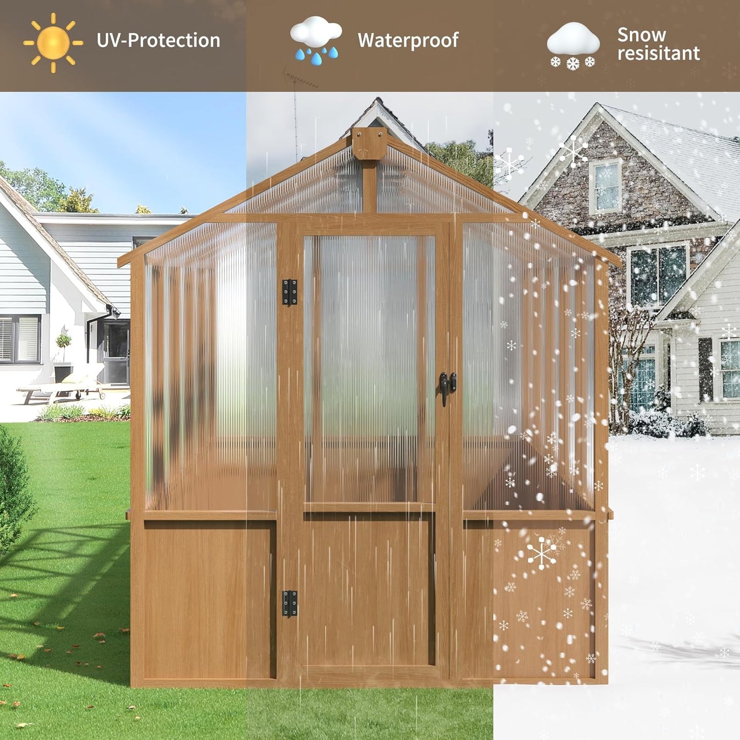 Wooden Greenhouse 6x10 FT, Walk-in Greenhouse for Outdoors with 6MM Thick Polycarbonate Panel and Adjustable Roof Vents, Garden Backyard, Wood Colour