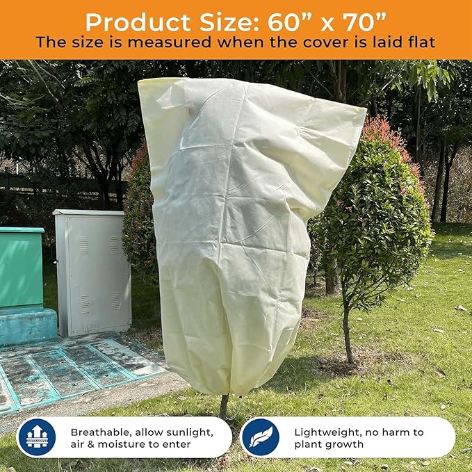Plant Covers Freeze Protection Large, 2 Packs 60''W x 70''H Shrub Covers with Zipper and Drawstring, Frost Cloth for Winter, Outdoor Plant Blankets for Cold Weather