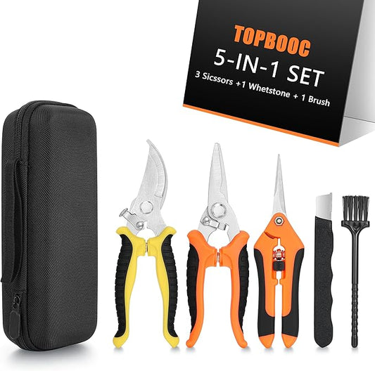3-pack Garden Pruning Shears Set with Stainless Steel Blades, Bypass Pruners, Handheld Secateurs, Tree Trimmers, & Scissors Whetstone,a Clean Brush and a Hard Case, Ideal for trimming, pruning