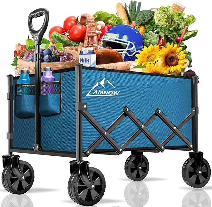 Collapsible Folding Wagon Cart, 350LBS Utility Large Capacity Cart Foldable Wagon with All Terrain Wheels, Grocery Wagons Carts for Garden Shopping Sports Camping, Blue