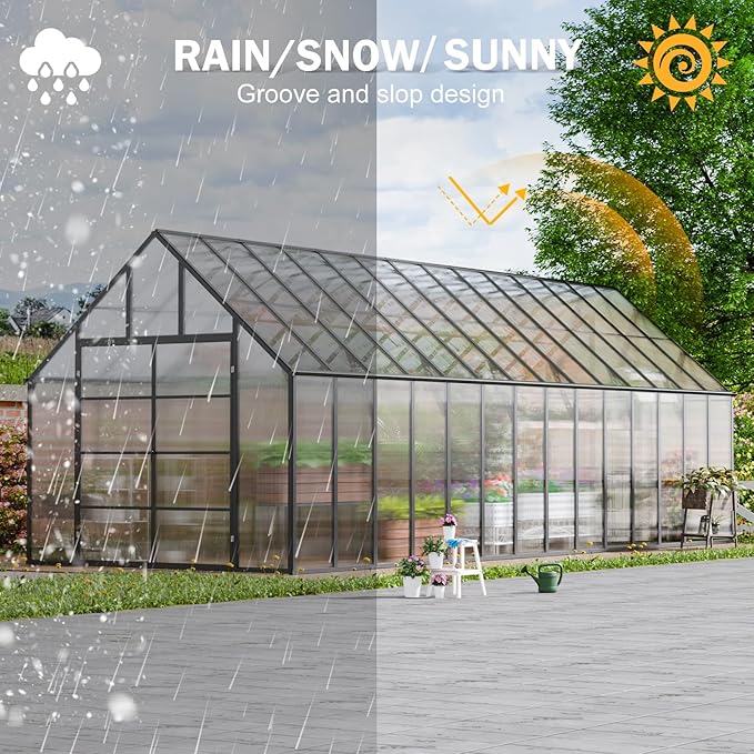 CDCASA 10x28 FT Greenhouse for Outdoors,Large Easy Assembly Thicker Aluminum Polycarbonate Greenhouses w/6 Windows, Double Door, Walk-in Green House for Outside,Patio,Backyard,Garden