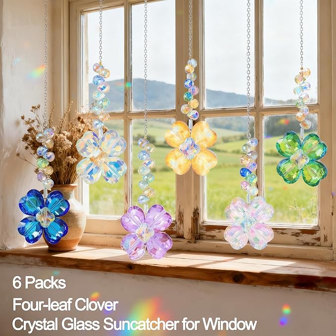 6pcs Crystal Clover Suncatchers Hanging Ornaments, Rainbow Maker Sun Catchers Indoor Window Outdoor Patio Garden Decor Gifts (Clover)