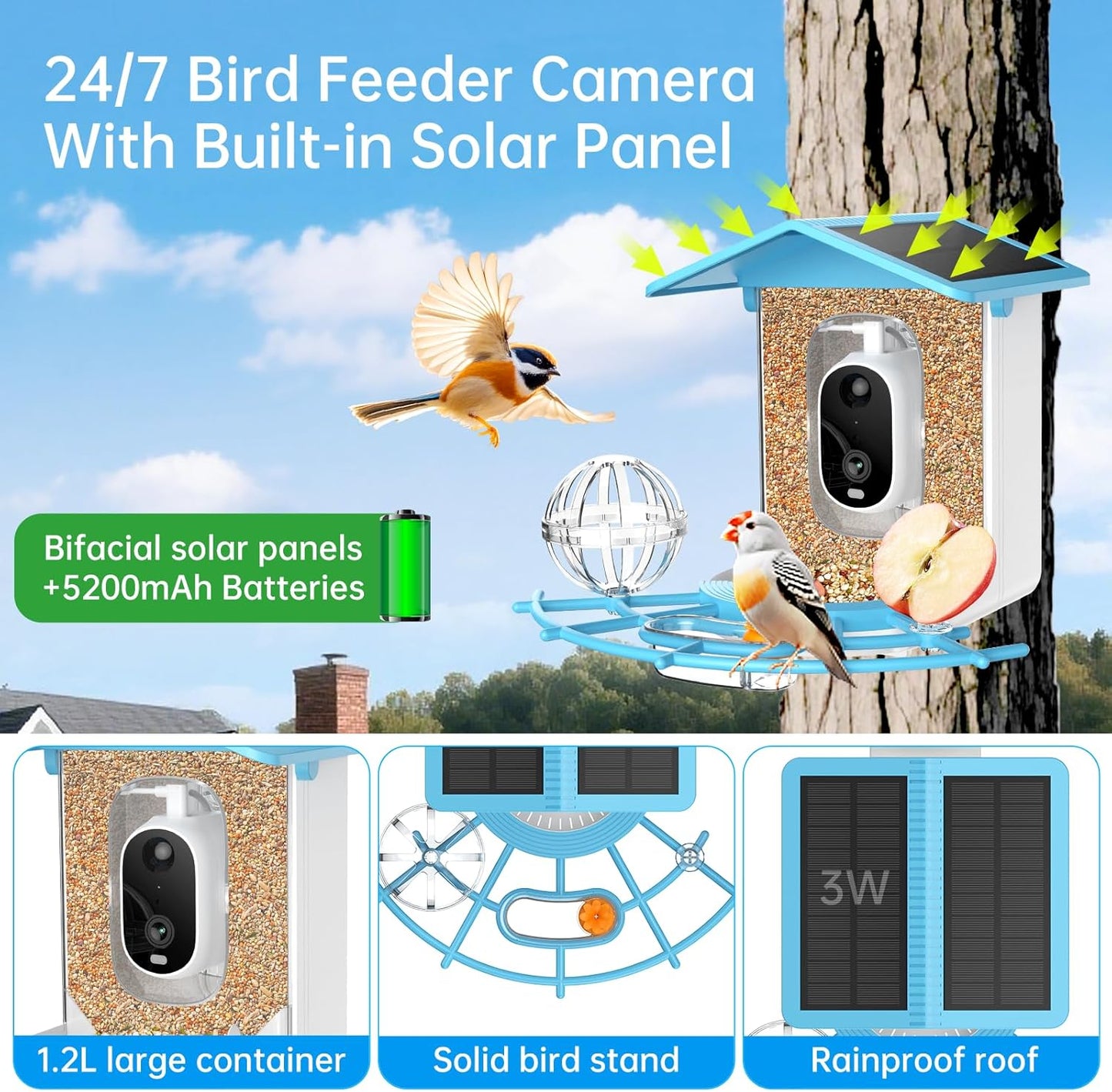 Smart Bird Feeder with Camera Solar Panel, Battery Powered 3MP HD Video Monitoring AI Recognition of 10,000+ Species Color Night Vision,Outdoor Waterproof,for Bird Watching