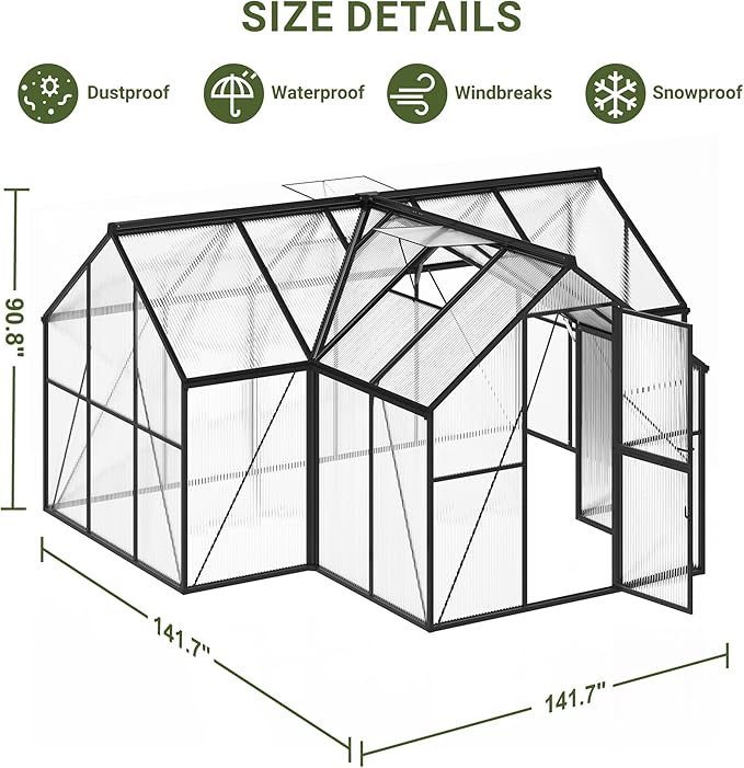 VIWAT T-Shape 12x12 FT Greenhouse for Outdoors, Polycarbonate Greenhouse with Quick Setup Structure, Double Roof Vents and Doors, Aluminum Walk-in Green House for Outside for Backyard Garden, Black