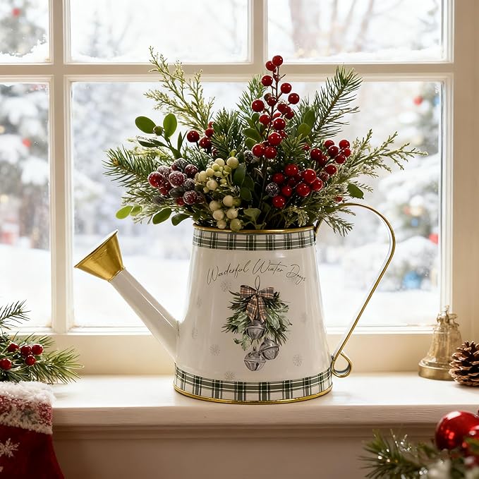Vintage Metal Christmas Watering Can Decor - Wonderful Winter Days Design with Bell Wreath, Rustic Farmhouse Watering Pot Garden Decorative Planter for Holiday Home Mantel Tabletop Xmas Decor