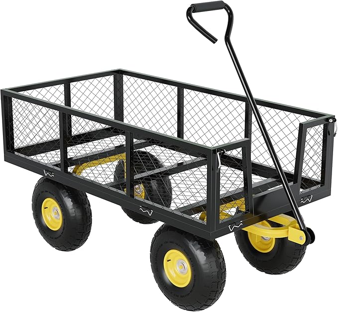 500 Lbs Garden Wagon, 2-in-1 Heavy-Duty Steel Garden Cart, with 10 Inch All-Terrain Tires and Removable Mesh Side Panels, 180° Rotating Handle, Metal Utility Yard Trailer, Outdoor Gardens Wagon Cart