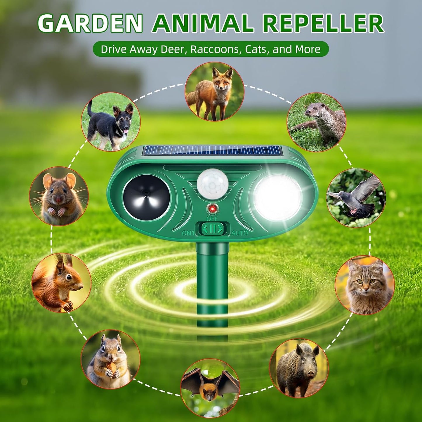 Solar Ultrasonic Animal Repeller Outdoor with Motion Sensor Deer Repellent Devices for Squirrel Repellent Cat Repellent Outdoor Fox Deterrent for Yard