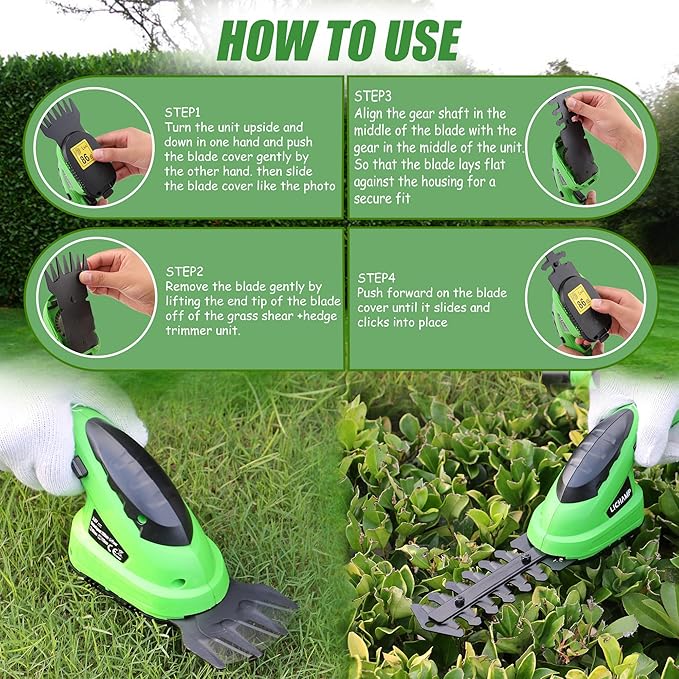 Lichamp 2-in-1 Electric Hand Held Grass Shear Hedge Trimmer Shrubbery Clipper Cordless Battery Powered Rechargeable for Garden and Lawn, CGS-3601 Grass Green