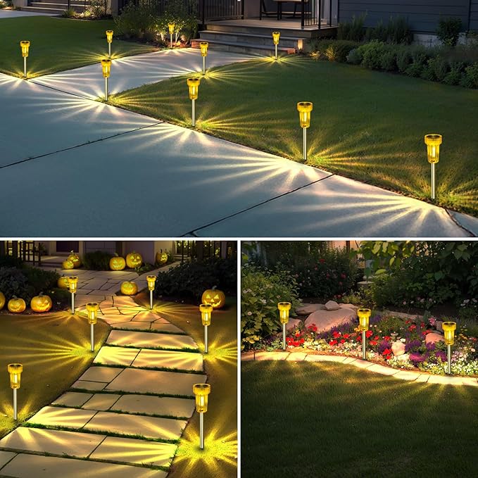 DERAYSION Halloween Solar Lights Outdoor LED Orange Waterproof Pathway Lights Yard Halloween Decorations Auto Dusk-to-Dawn Path Landscape Lights for Christmas Solar Lights Outdoor Decorative 8 Pack