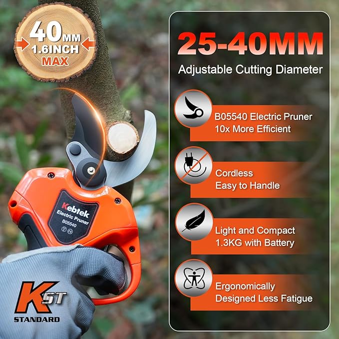 Kebtek Electric Pruning Shears 40mm with 4000mAh Batteries, Battery Power Pruners Cordless 1.6'' Electric Snippers Secateurs Professional Tool for Gardening Heavy Duty