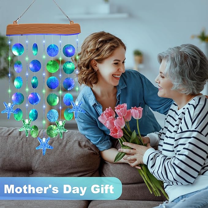 Toodour Solar Wind Chimes for Outside, Birthday Gifts for Women Mom Grandma, Waterproof 2 Modes Shells Solar Powered Outdoor Lights for Patio Holiday Garden Porch Yard Outdoor Decor - Blue & Green