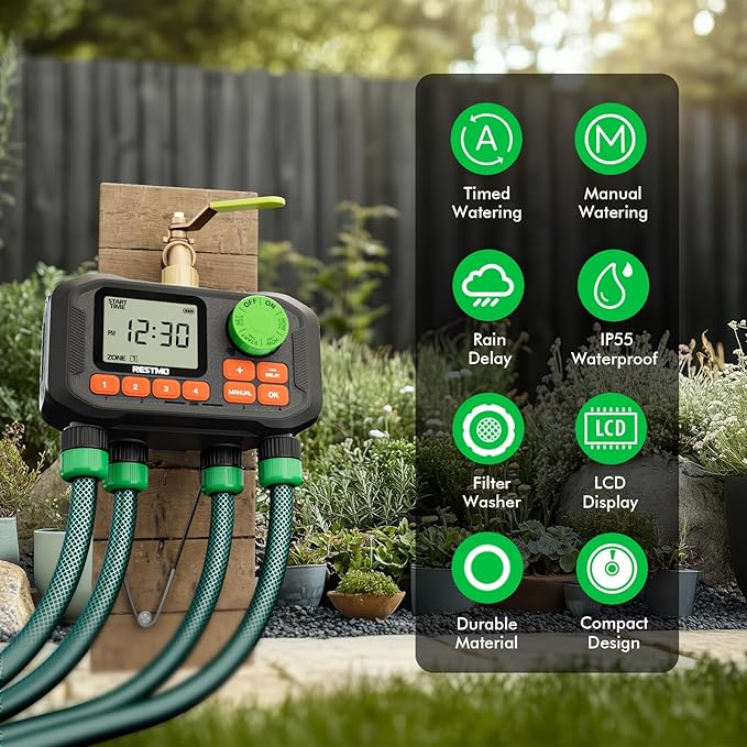 RESTMO 4 Zone Sprinkler Timer with Brass Inlet, Programmable Water Timer for Garden Hose, Automatic Control | Manual ON/Off | Rain Delay for Outdoor Faucet, Drip Irrigation and Lawn Watering System