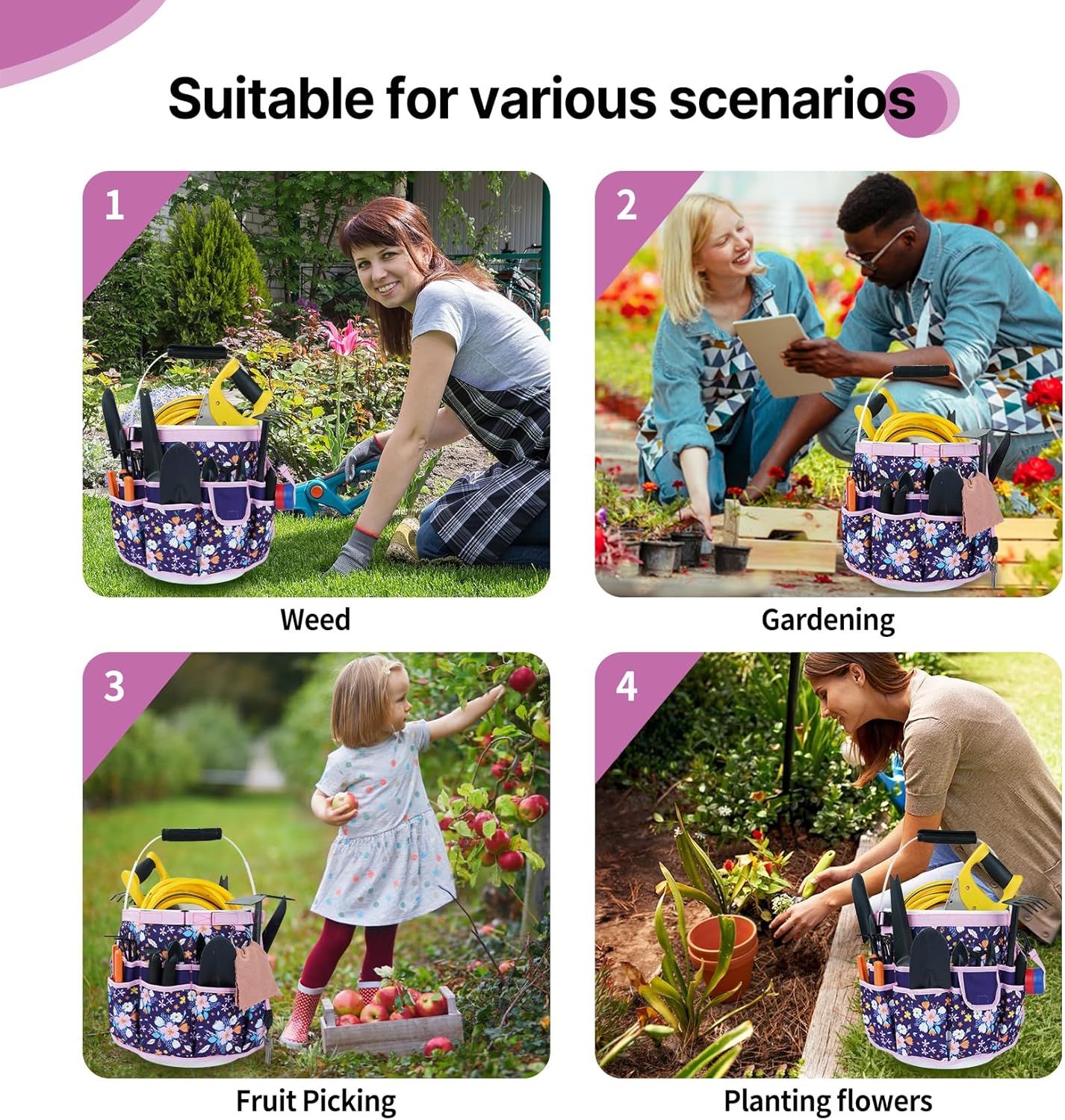 MELOTOUGH Bucket Caddy Organizer Bucket Tool Organizer for Garden Tools Fit 3.5 to 5 Gallon Bucket (Purple Flower)