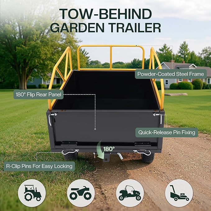 Jocisland Garden Utility Trailer, 500Lbs 12 Cu.Ft ATV UTV Trailer Tow Behind Dump Cart with Removable Sides, Rear Hitch & Convenient Handle, Outdoor Lawn Mower Cart for Tractor