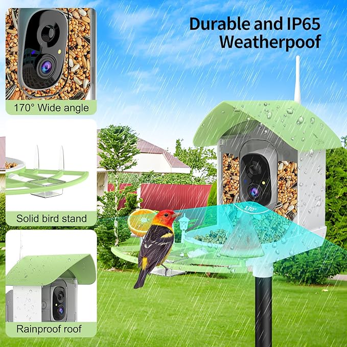 Bird Feeder with Camera, AI Identify Birds Species, FHD 2K Video Quality Bird Watching, Wireless Outdoor Weatherproof Birds House, Solar-Powered, for Garden, Yard,Patio, Green