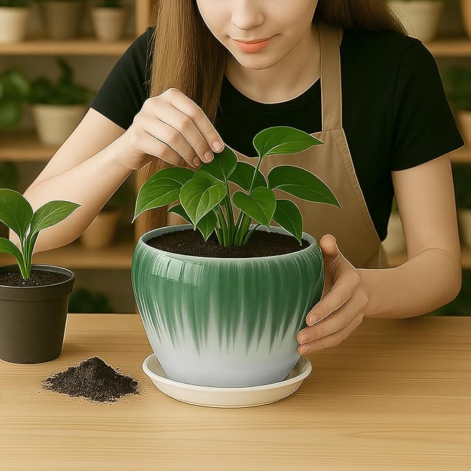 Deep Dream 8 Inch Plant Pots- Ceramic Pots for Plants with Drainage Hole and Saucer, Large Planter Pot for Indoor Plants Outdoor Decor, White&Green