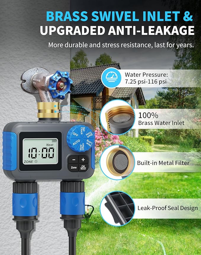 Sprinkler Timer, 2 Zone Programmable Hose Timers for Watering with Brass Swivel, Digital Irrigation Controller System with Rain Delay/Manual/Automatic Watering for Outdoor Garden Yard Lawn