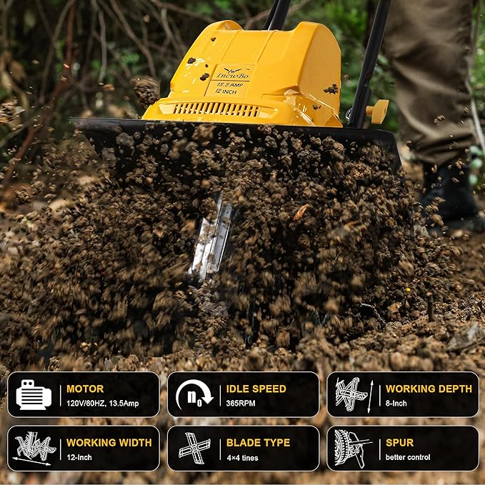 Electric Tiller/Cultivator 4 Steel Tines, 8'' Tilling Depth Garden Roto Tillers for Gardening, 13.5 Amp 12 Inch Corded Rototiller with Adjustable Wheels, Yellow